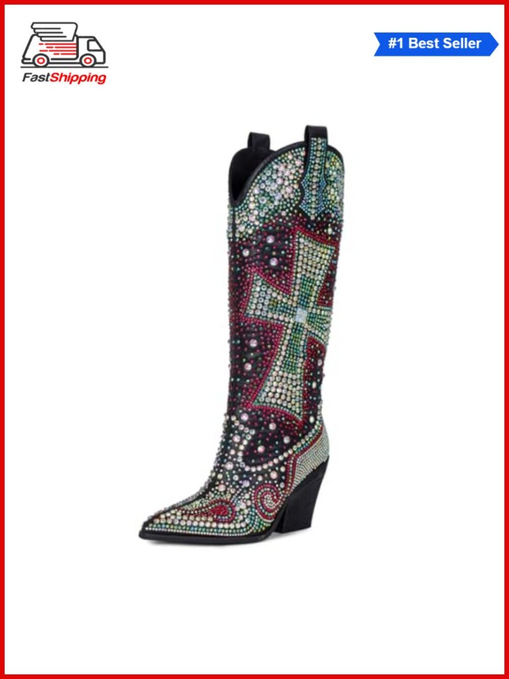 ✨ Faux Leather Rhinestone Cross Cowgirl Knee-High Western Boots Pointed Toe